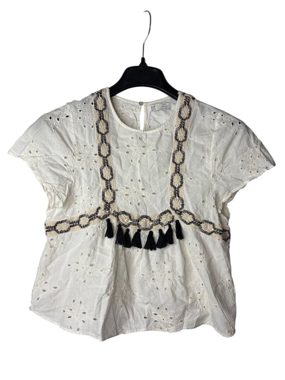Zara Trf Collection Crop Top Size S Eyelet Cotton Embroidered Tassels Boho Retro
